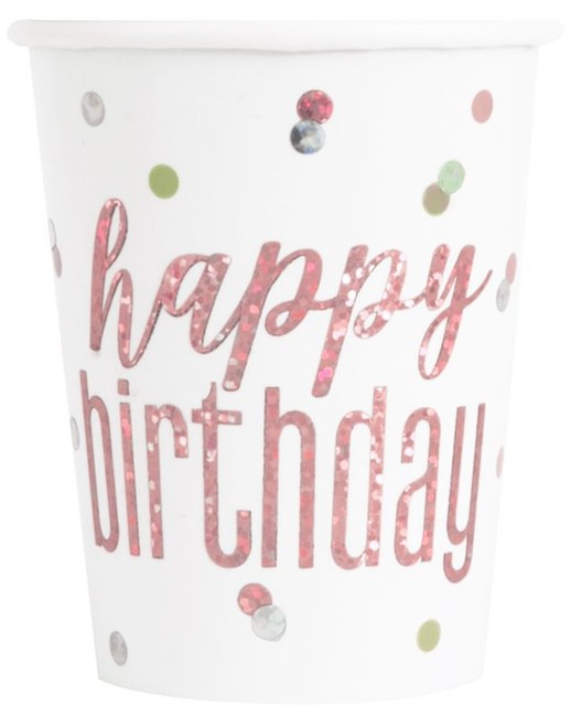 Papírové kelímky Happy Birthday růžovo-zlaté glitter 270ml 8ks